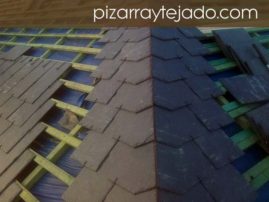 Detalle ejecución de limatesa con pizarra natural de León. Obra de cubierta de 500 m2 en Europa.