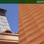 Preciosa chimenea de pizarra en tejado de teja mixta cerámica. Tejado Asturias.