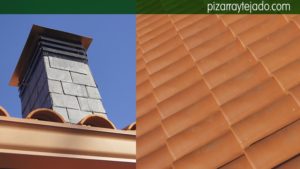 Preciosa chimenea de pizarra en tejado de teja mixta cerámica. Tejado Asturias.