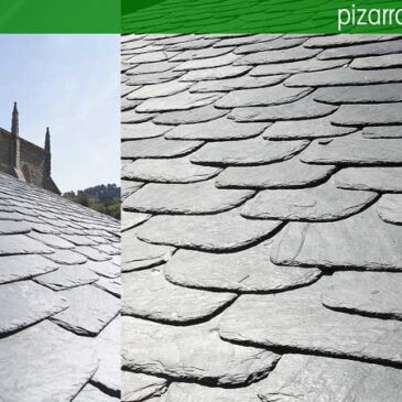 Detalle de arista francesa pizarra granel redondeada. Colocación de pizarra en tejados y cubiertas.