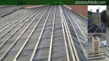 Colocación membrana impermeable entre rastreles verticales (ocultos) y horizontales (vistos). Aplomado y refuerzo de chimenea para forrarla de pizarra.