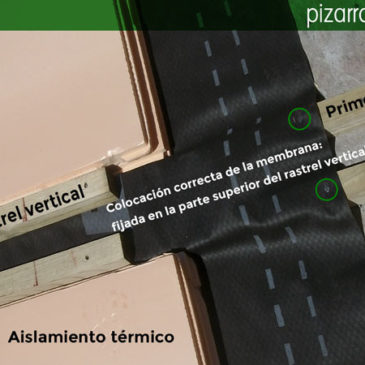 Cubiertas pizarra detalle. Colocación de membrana, rastreles y aislamiento térmico.