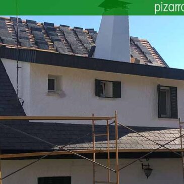 Labores de colocación de pizarra tejado de pizarra natural en Madrid. Pizarra E40 Alta Montaña. Cerceda (Moralzarzal).