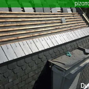 Colocación de detalle de pizarra en tejado en Flandes. Tejado pizarra detalle.